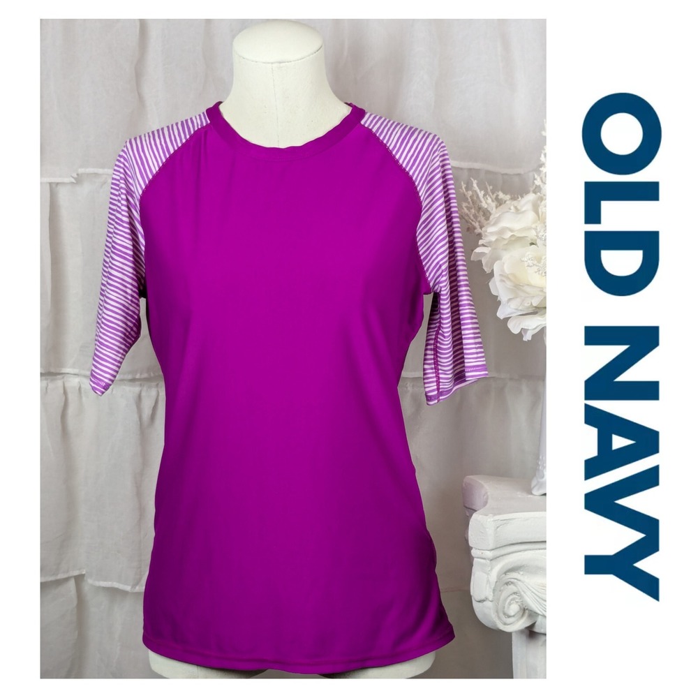 Old Navy Womens Purple Stripe Short Sleeve Rashguard Top Size Large